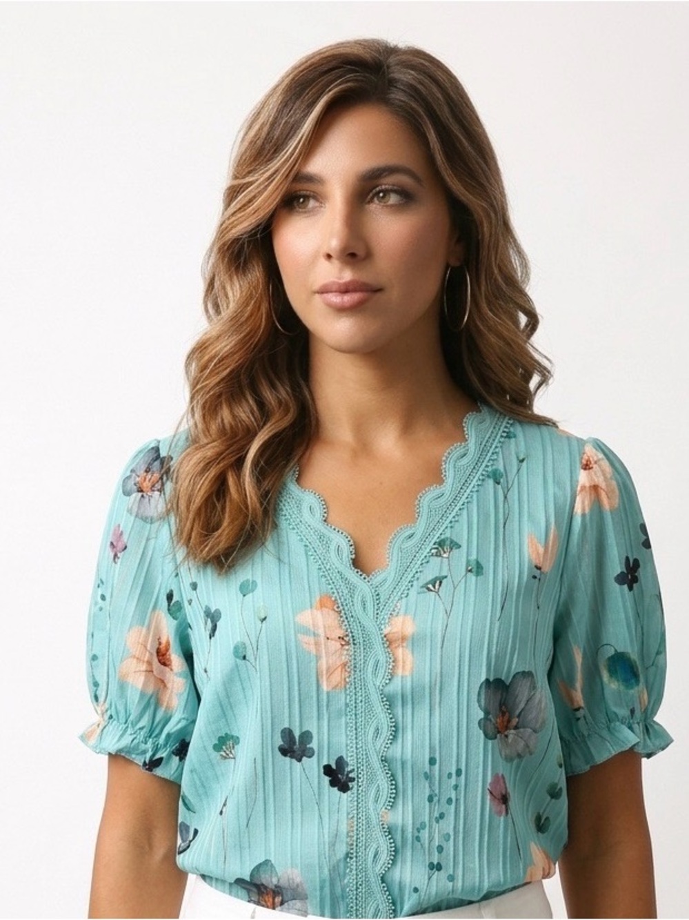 2225 - Floral Lace-Trim Short Sleeve Top - Aqua-Pant not included